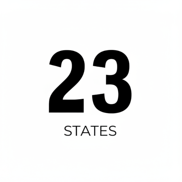 Black text '23 STATES' on a white background