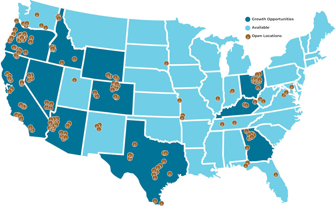 Map of the United States showing The Human Bean Location growth opportunities vs. open locations.