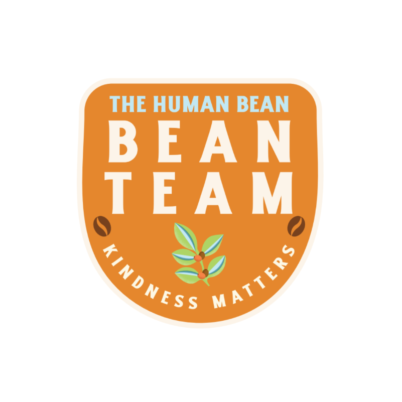 Logo of The Human Bean Bean Team with an orange background and text.