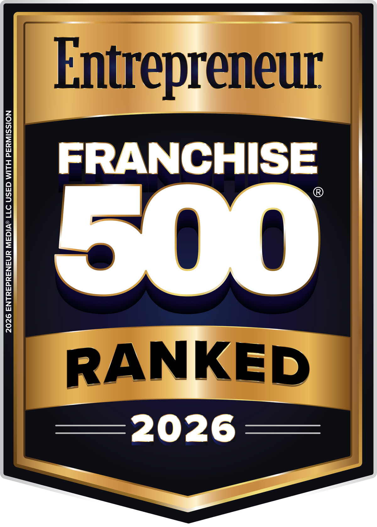 A shield-shaped Entrepreneur Franchise 500 Ranked 2026 badge with metallic gold and dark navy blue sections, white text, and a black border.